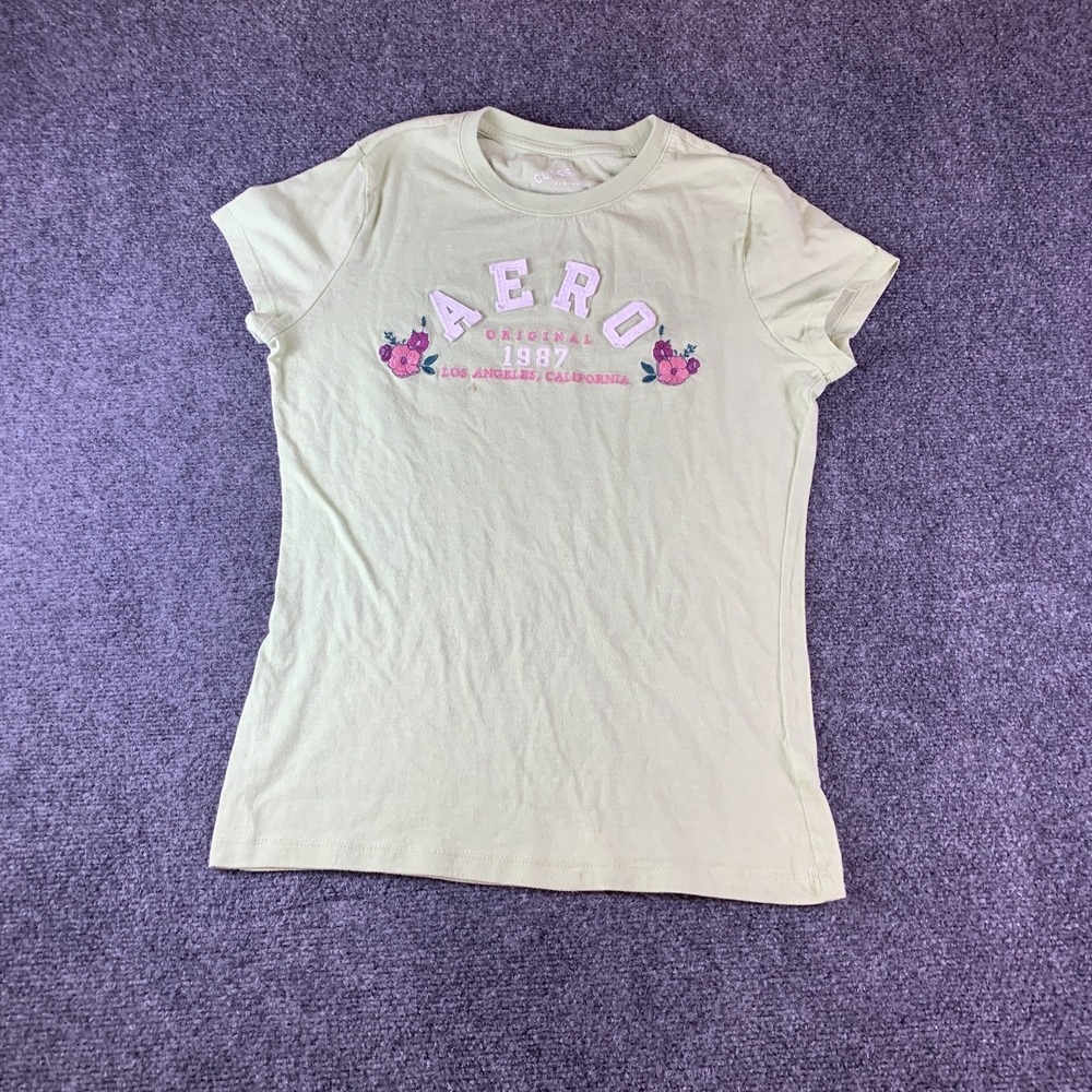 Aeropostale Arch T Shirt Womens Large Green Floral Embroidered Spellout READ